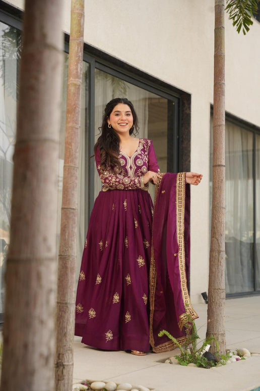 Prazu Fashion Wine Georgette Sequins & Zari Embroidery Gown
