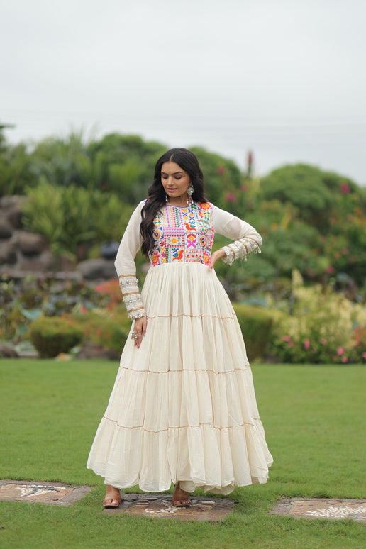 Lorenvalley Fashion Offwhite Kora Cotton with Multi Thread Embroidered & Gota patti Work Gown