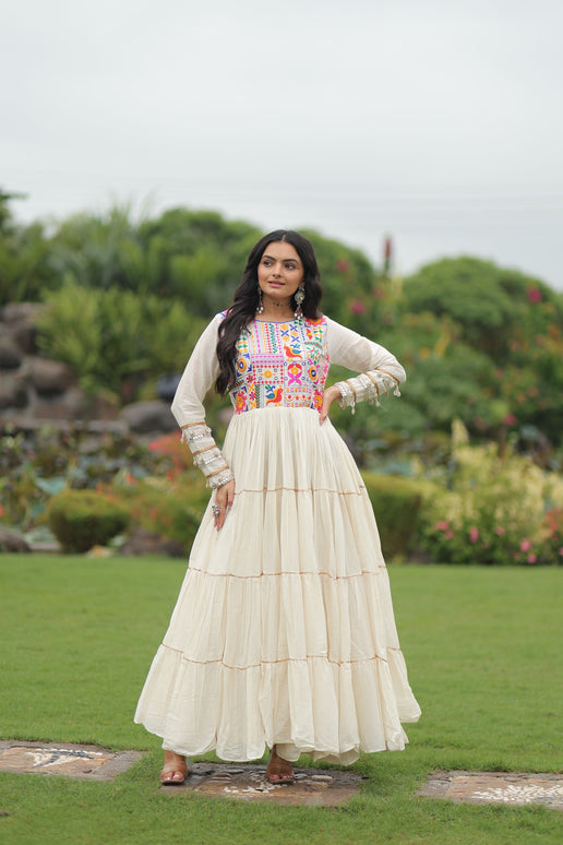 Lorenvalley Fashion Offwhite Kora Cotton with Multi Thread Embroidered & Gota patti Work Gown