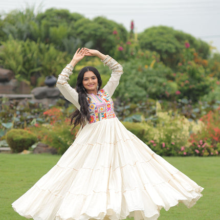 Lorenvalley Fashion Offwhite Kora Cotton with Multi Thread Embroidered & Gota patti Work Gown