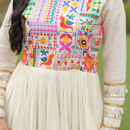 Lorenvalley Fashion Offwhite Kora Cotton with Multi Thread Embroidered & Gota patti Work Gown