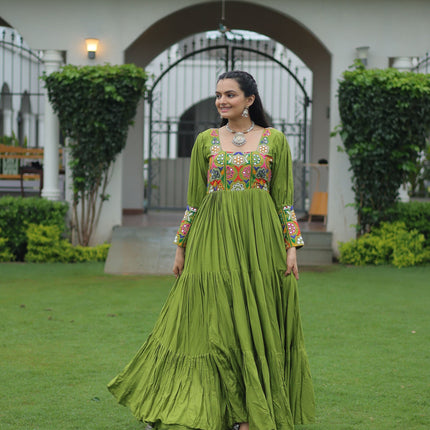 Lorenvalley Fashion Parotgreen Rayon with Kutchi Gamthi Work Gown