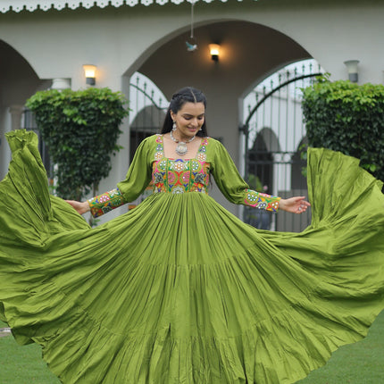 Lorenvalley Fashion Parotgreen Rayon with Kutchi Gamthi Work Gown