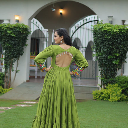 Lorenvalley Fashion Parotgreen Rayon with Kutchi Gamthi Work Gown