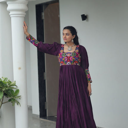 Lorenvalley Fashion Wine Rayon with Kutchi Gamthi Work Gown