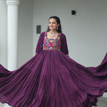 Lorenvalley Fashion Wine Rayon with Kutchi Gamthi Work Gown