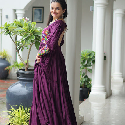 Lorenvalley Fashion Wine Rayon with Kutchi Gamthi Work Gown