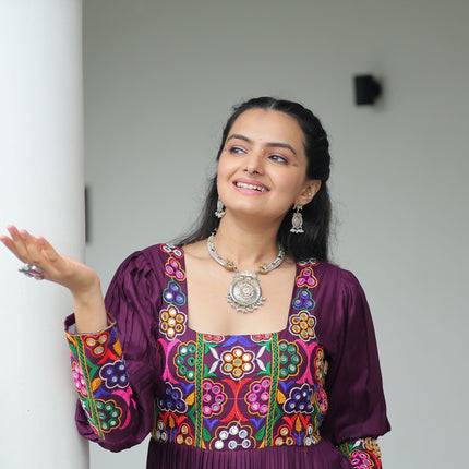 Lorenvalley Fashion Wine Rayon with Kutchi Gamthi Work Gown