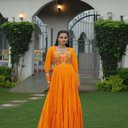 Lorenvalley Fashion Orange Rayon with Kutchi Gamthi Work Gown