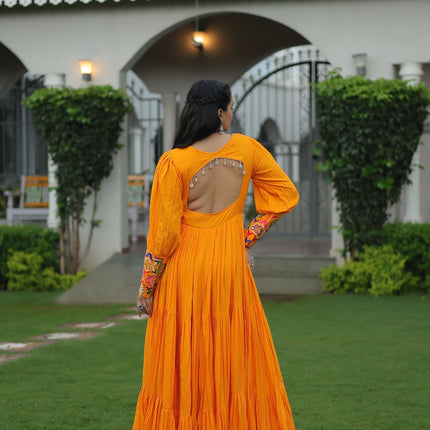 Lorenvalley Fashion Orange Rayon with Kutchi Gamthi Work Gown