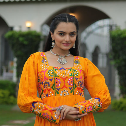 Lorenvalley Fashion Orange Rayon with Kutchi Gamthi Work Gown