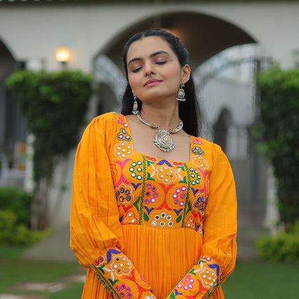 Lorenvalley Fashion Orange Rayon with Kutchi Gamthi Work Gown