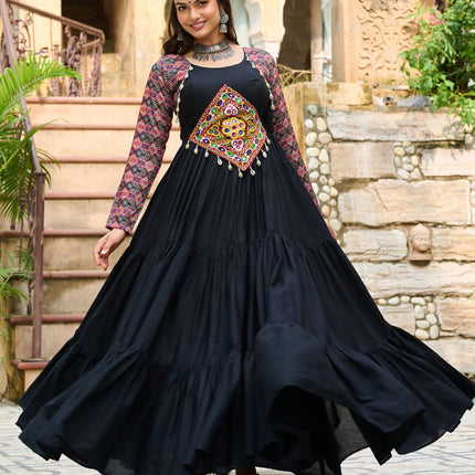 Lorenvalley Fashion Black Rayon Kutchi Gamthi Embroidered Work & Cotton Print Work Gown