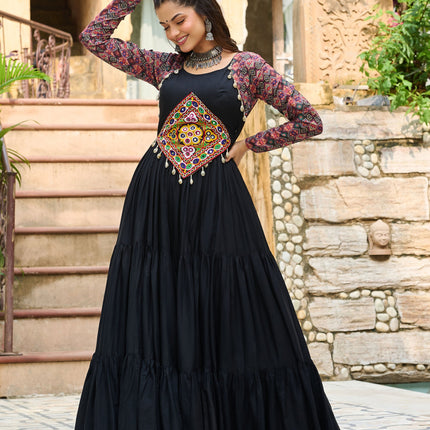 Lorenvalley Fashion Black Rayon Kutchi Gamthi Embroidered Work & Cotton Print Work Gown