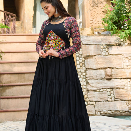 Lorenvalley Fashion Black Rayon Kutchi Gamthi Embroidered Work & Cotton Print Work Gown