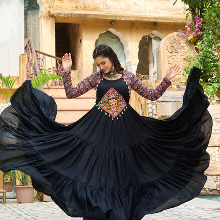 Lorenvalley Fashion Black Rayon Kutchi Gamthi Embroidered Work & Cotton Print Work Gown