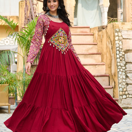 Lorenvalley Fashion Maroon Rayon Kutchi Gamthi Embroidered Work & Cotton Print Work Gown
