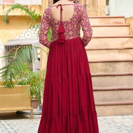 Lorenvalley Fashion Maroon Rayon Kutchi Gamthi Embroidered Work & Cotton Print Work Gown