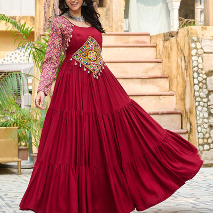 Lorenvalley Fashion Maroon Rayon Kutchi Gamthi Embroidered Work & Cotton Print Work Gown