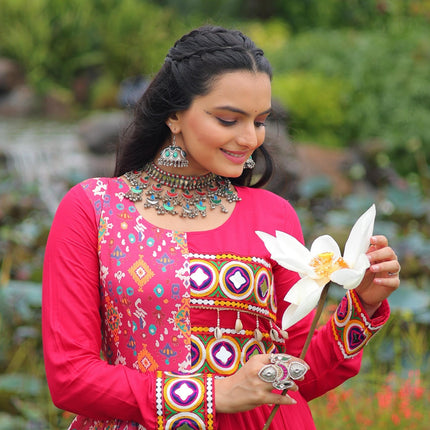 Prazu Fashion Rani Pink Rayon With Kutchi Gamthi & Cotton Print Work Gown For Navratri