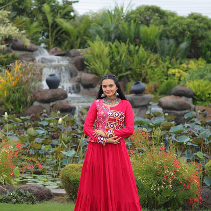 Prazu Fashion Rani Pink Rayon With Kutchi Gamthi & Cotton Print Work Gown For Navratri