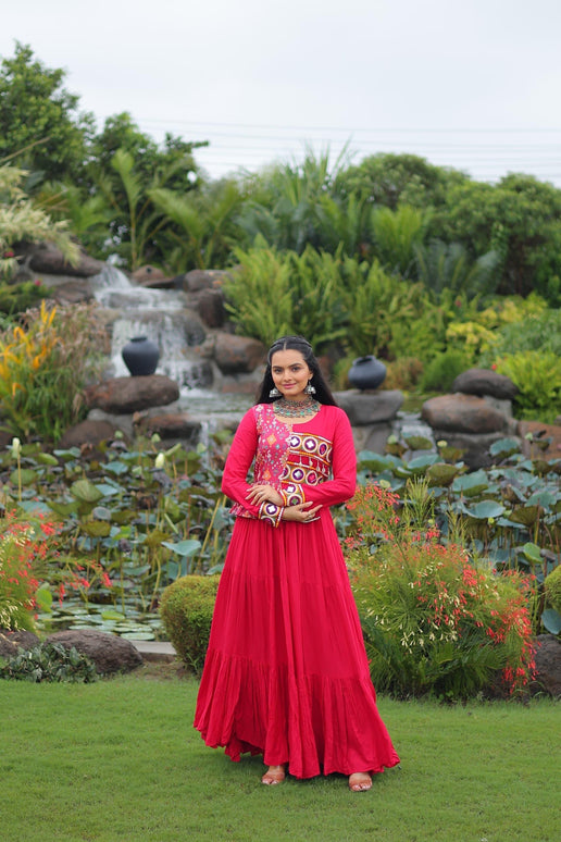 Prazu Fashion Rani Pink Rayon With Kutchi Gamthi & Cotton Print Work Gown For Navratri