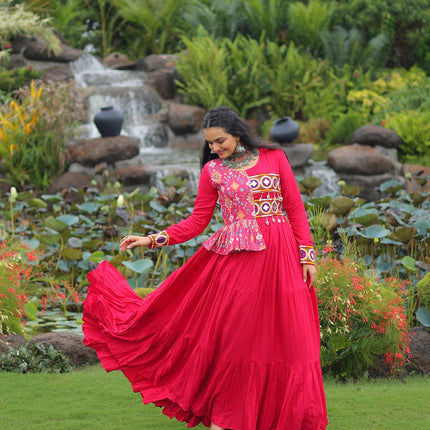 Lorenvalley Fashion Pink Rayon Kutchi Gamthi Embroidered Work & Cotton Print Work Gown