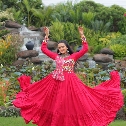 Lorenvalley Fashion Pink Rayon Kutchi Gamthi Embroidered Work & Cotton Print Work Gown