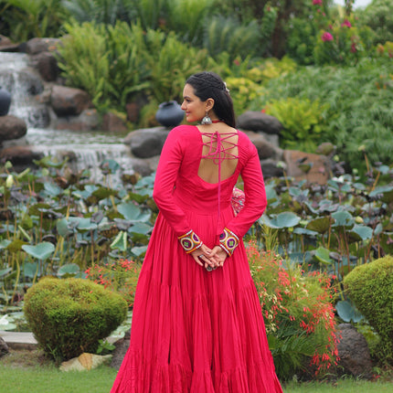 Lorenvalley Fashion Pink Rayon Kutchi Gamthi Embroidered Work & Cotton Print Work Gown