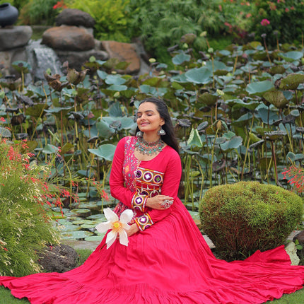 Lorenvalley Fashion Pink Rayon Kutchi Gamthi Embroidered Work & Cotton Print Work Gown