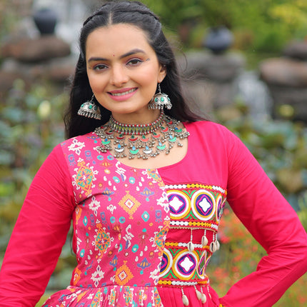 Lorenvalley Fashion Pink Rayon Kutchi Gamthi Embroidered Work & Cotton Print Work Gown