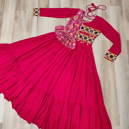 Lorenvalley Fashion Pink Rayon Kutchi Gamthi Embroidered Work & Cotton Print Work Gown