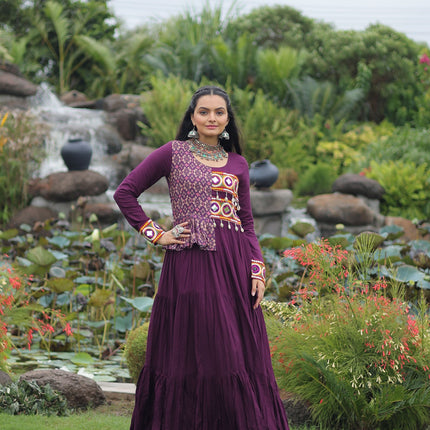 Lorenvalley Fashion Wine Rayon Kutchi Gamthi Embroidered Work & Cotton Print Work Gown