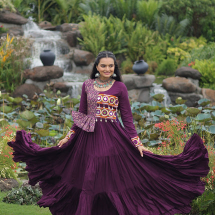 Lorenvalley Fashion Wine Rayon Kutchi Gamthi Embroidered Work & Cotton Print Work Gown