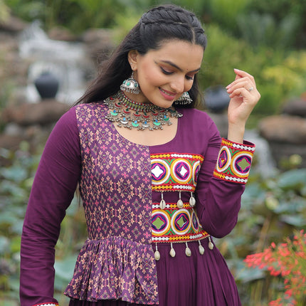 Lorenvalley Fashion Wine Rayon Kutchi Gamthi Embroidered Work & Cotton Print Work Gown