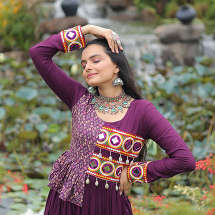 Lorenvalley Fashion Wine Rayon Kutchi Gamthi Embroidered Work & Cotton Print Work Gown