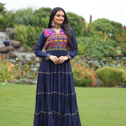 Lorenvalley Fashion Navyblue Rayon Kutchi Gamthi Embroidered & Mirror hand Work Gown