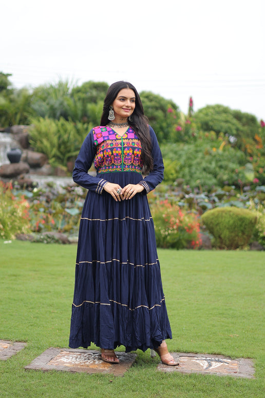 Lorenvalley Fashion Navyblue Rayon Kutchi Gamthi Embroidered & Mirror hand Work Gown