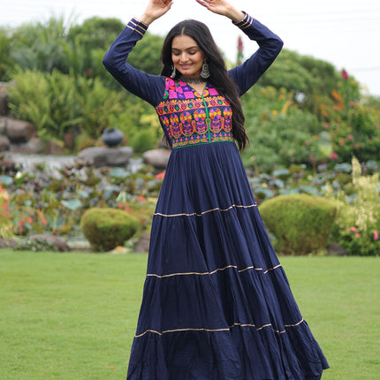 Lorenvalley Fashion Navyblue Rayon Kutchi Gamthi Embroidered & Mirror hand Work Gown