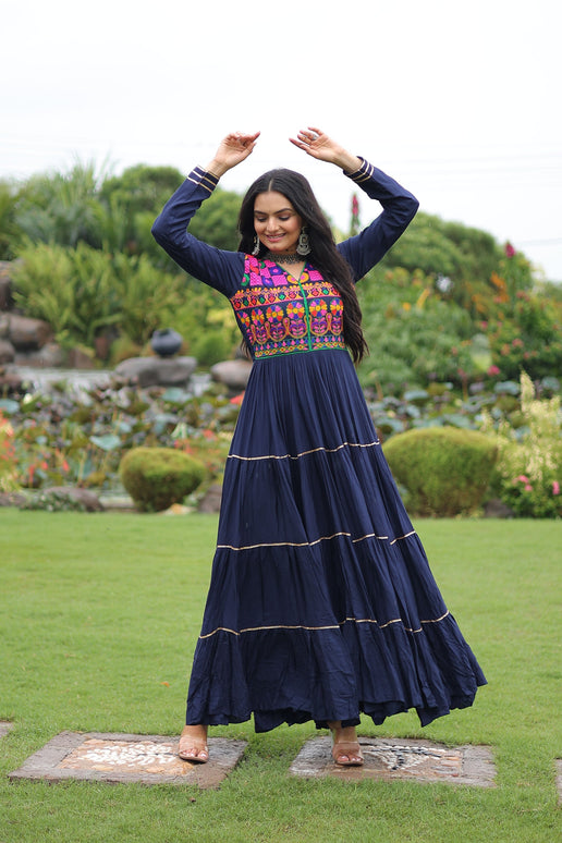 Lorenvalley Fashion Navyblue Rayon Kutchi Gamthi Embroidered & Mirror hand Work Gown