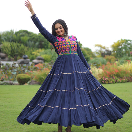 Lorenvalley Fashion Navyblue Rayon Kutchi Gamthi Embroidered & Mirror hand Work Gown