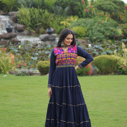 Lorenvalley Fashion Navyblue Rayon Kutchi Gamthi Embroidered & Mirror hand Work Gown
