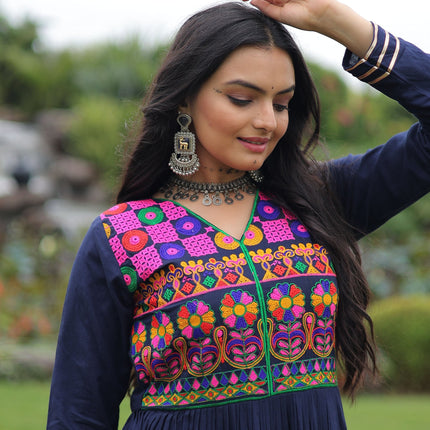 Lorenvalley Fashion Navyblue Rayon Kutchi Gamthi Embroidered & Mirror hand Work Gown