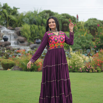 Lorenvalley Fashion Wine Rayon Kutchi Gamthi Embroidered & Mirror hand Work Gown