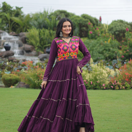 Lorenvalley Fashion Wine Rayon Kutchi Gamthi Embroidered & Mirror hand Work Gown