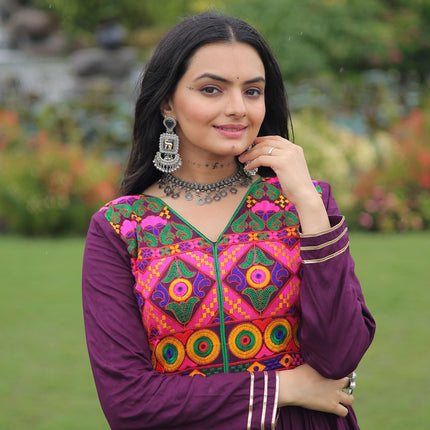 Lorenvalley Fashion Wine Rayon Kutchi Gamthi Embroidered & Mirror hand Work Gown