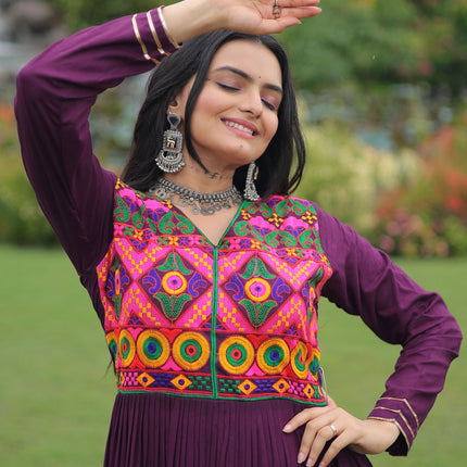 Lorenvalley Fashion Wine Rayon Kutchi Gamthi Embroidered & Mirror hand Work Gown