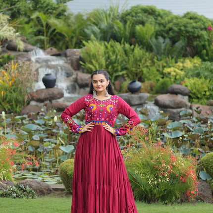 Lorenvalley Fashion Maroon Rayon Kutchi Gamthi Work Gown