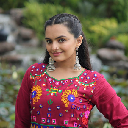 Lorenvalley Fashion Maroon Rayon Kutchi Gamthi Work Gown