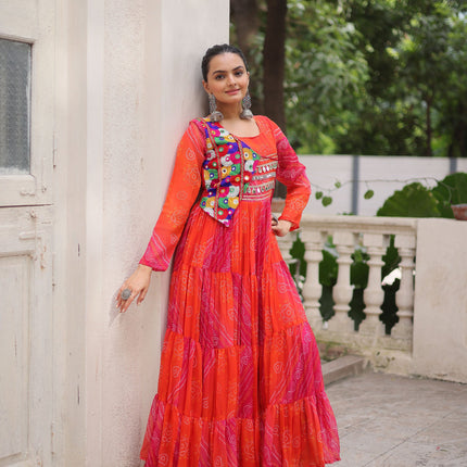 Lorenvalley Fashion Multicolor Faux Georgette Laheriya & Bandhej Print with kutchi patche work Gown